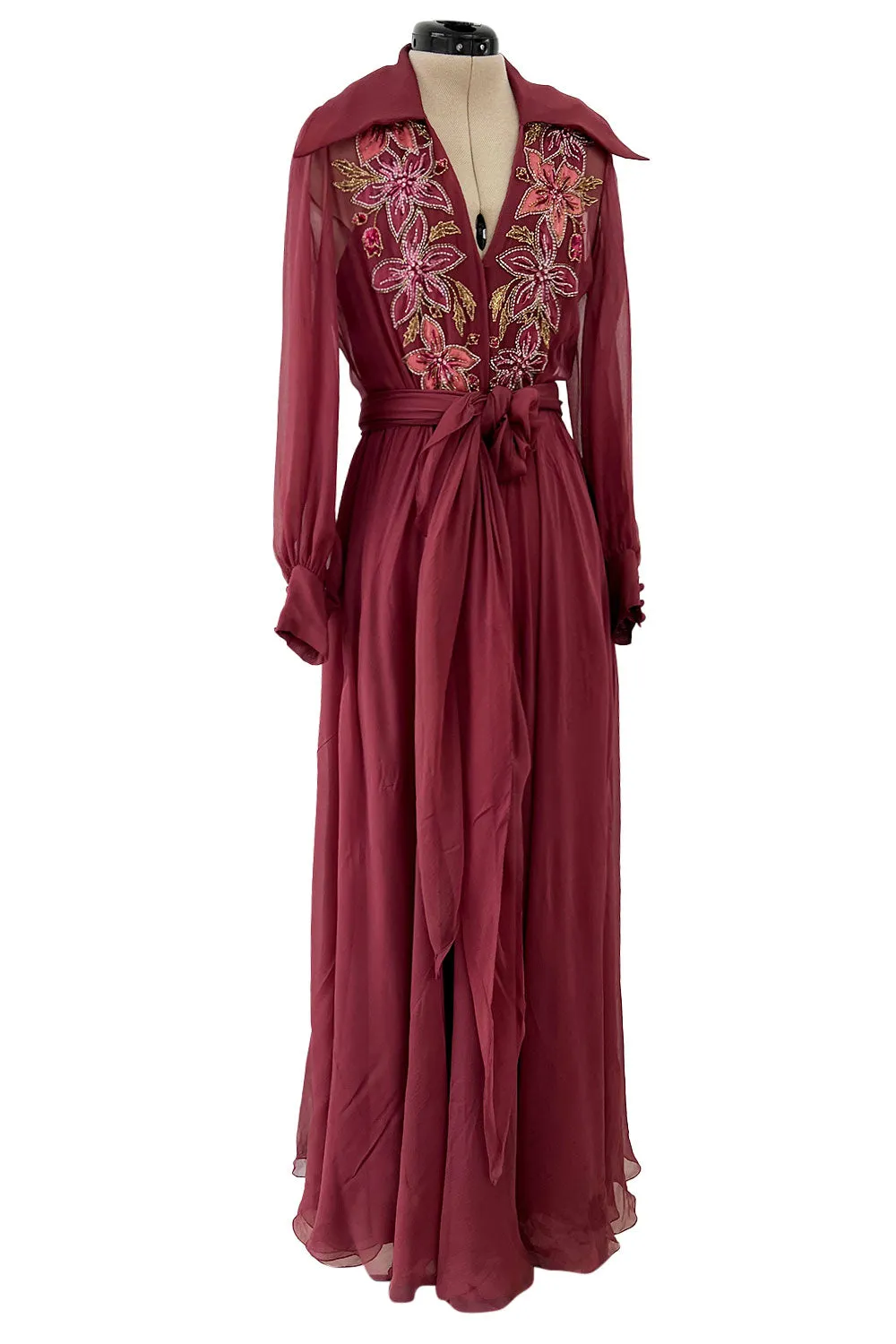 Beautiful 1974 Jean Louis Scherrer Haute Couture Hand Beaded & Applique Silk Chiffon Dress