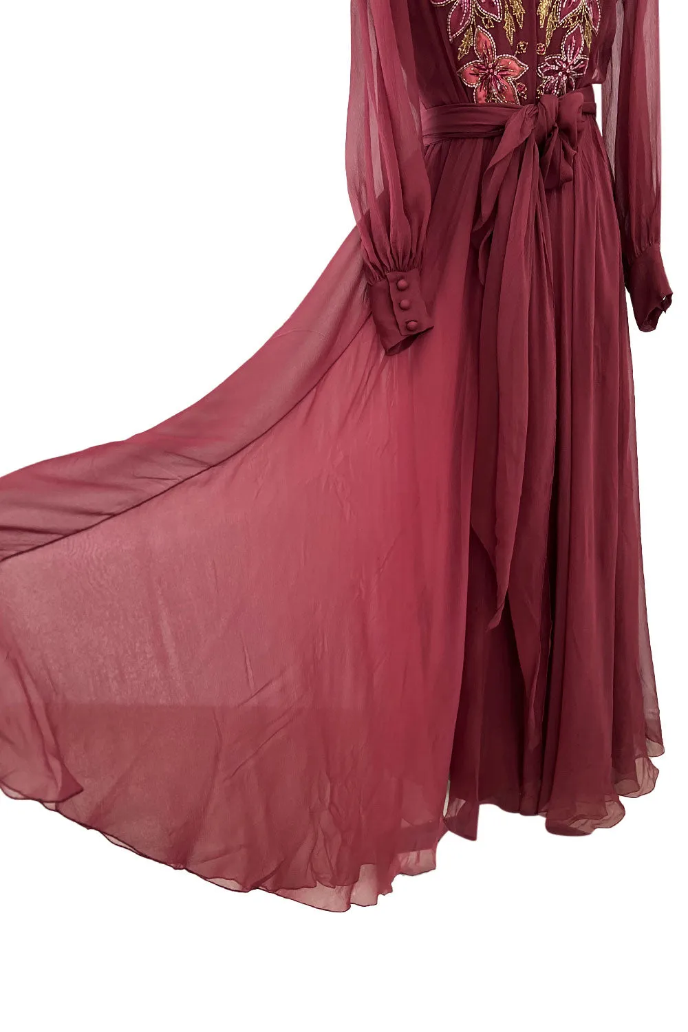Beautiful 1974 Jean Louis Scherrer Haute Couture Hand Beaded & Applique Silk Chiffon Dress