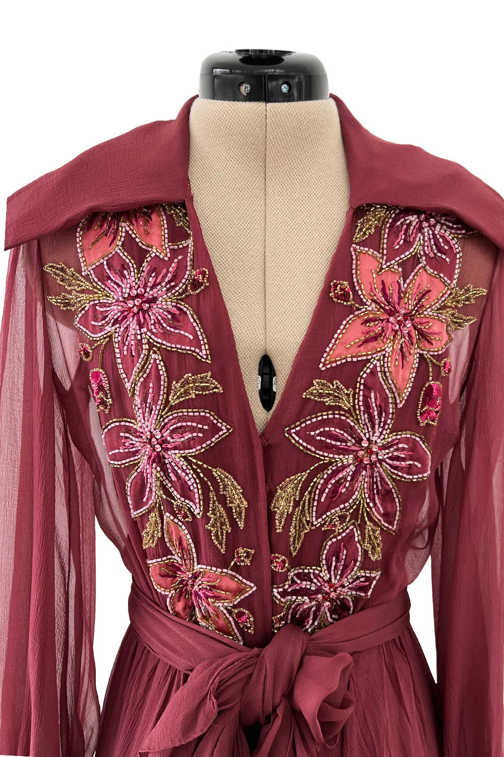 Beautiful 1974 Jean Louis Scherrer Haute Couture Hand Beaded & Applique Silk Chiffon Dress