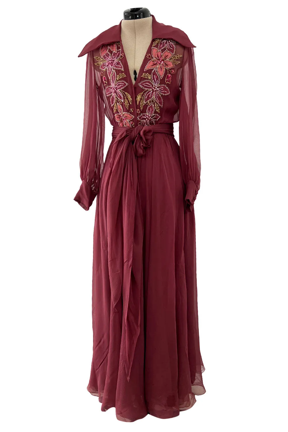 Beautiful 1974 Jean Louis Scherrer Haute Couture Hand Beaded & Applique Silk Chiffon Dress