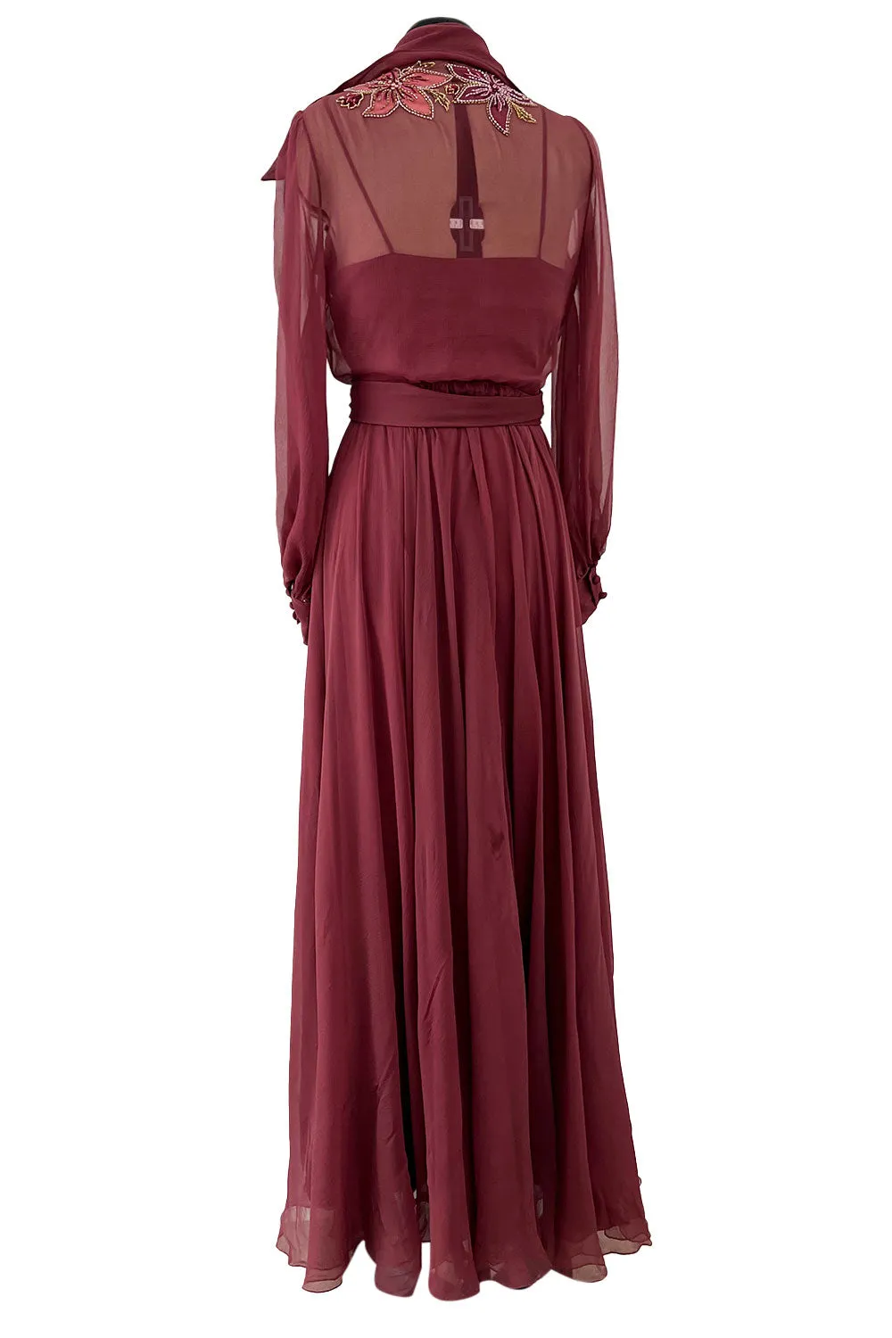 Beautiful 1974 Jean Louis Scherrer Haute Couture Hand Beaded & Applique Silk Chiffon Dress