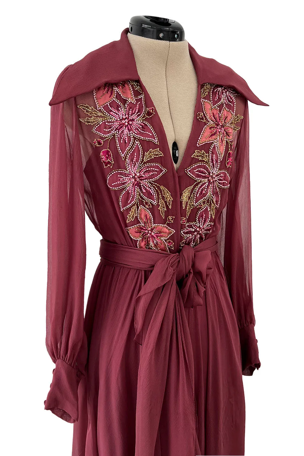 Beautiful 1974 Jean Louis Scherrer Haute Couture Hand Beaded & Applique Silk Chiffon Dress