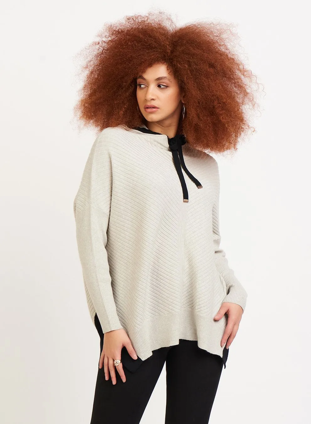 Beautiful Hooded Sweater with Contrast Side Trim
