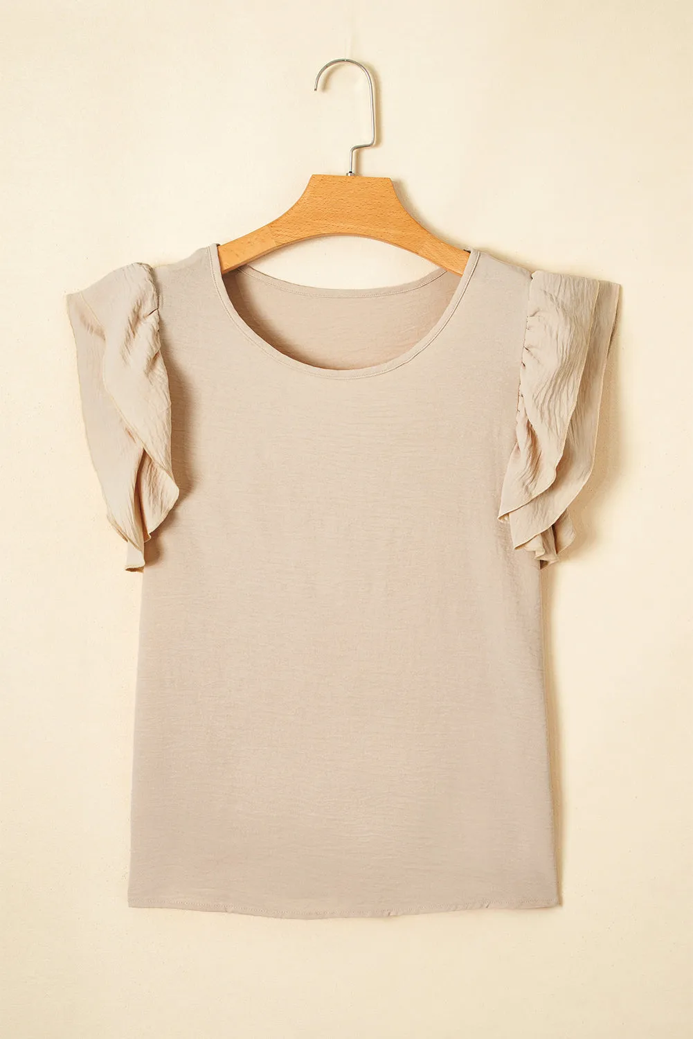 Beige Solid Color Ruffled Short Sleeve Casual Blouse For Women