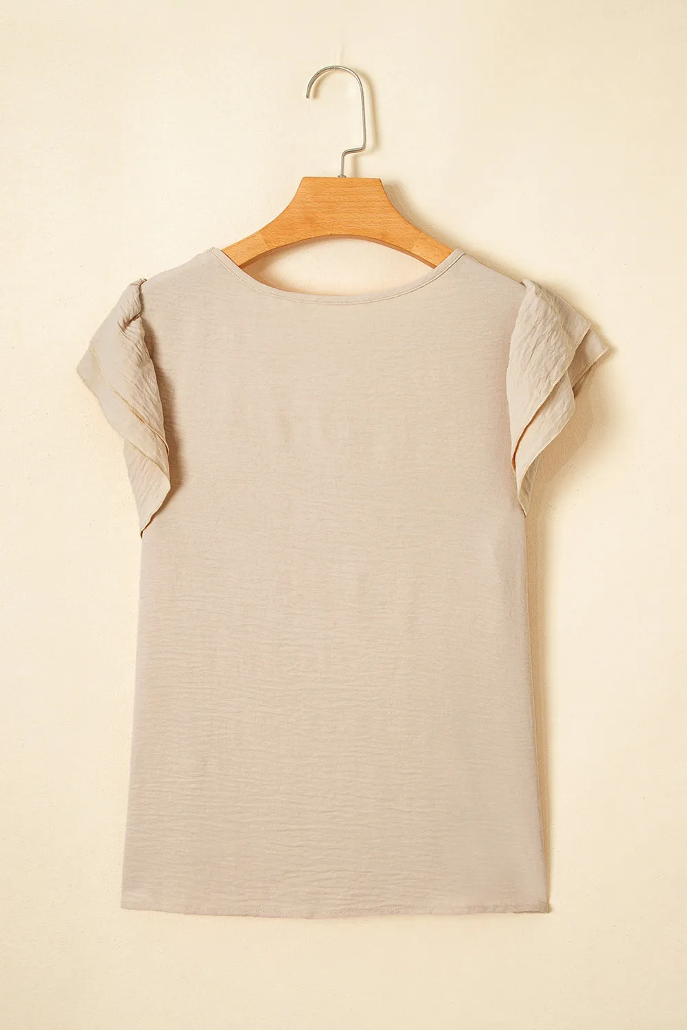 Beige Solid Color Ruffled Short Sleeve Casual Blouse For Women