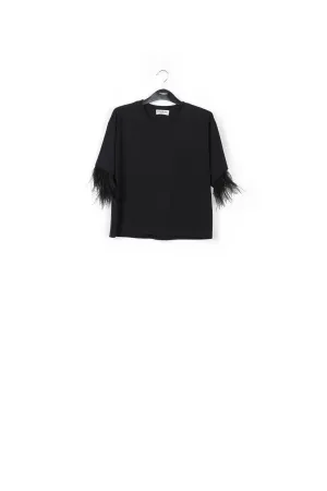 Black cotton-jersey t-shirt with feather trims