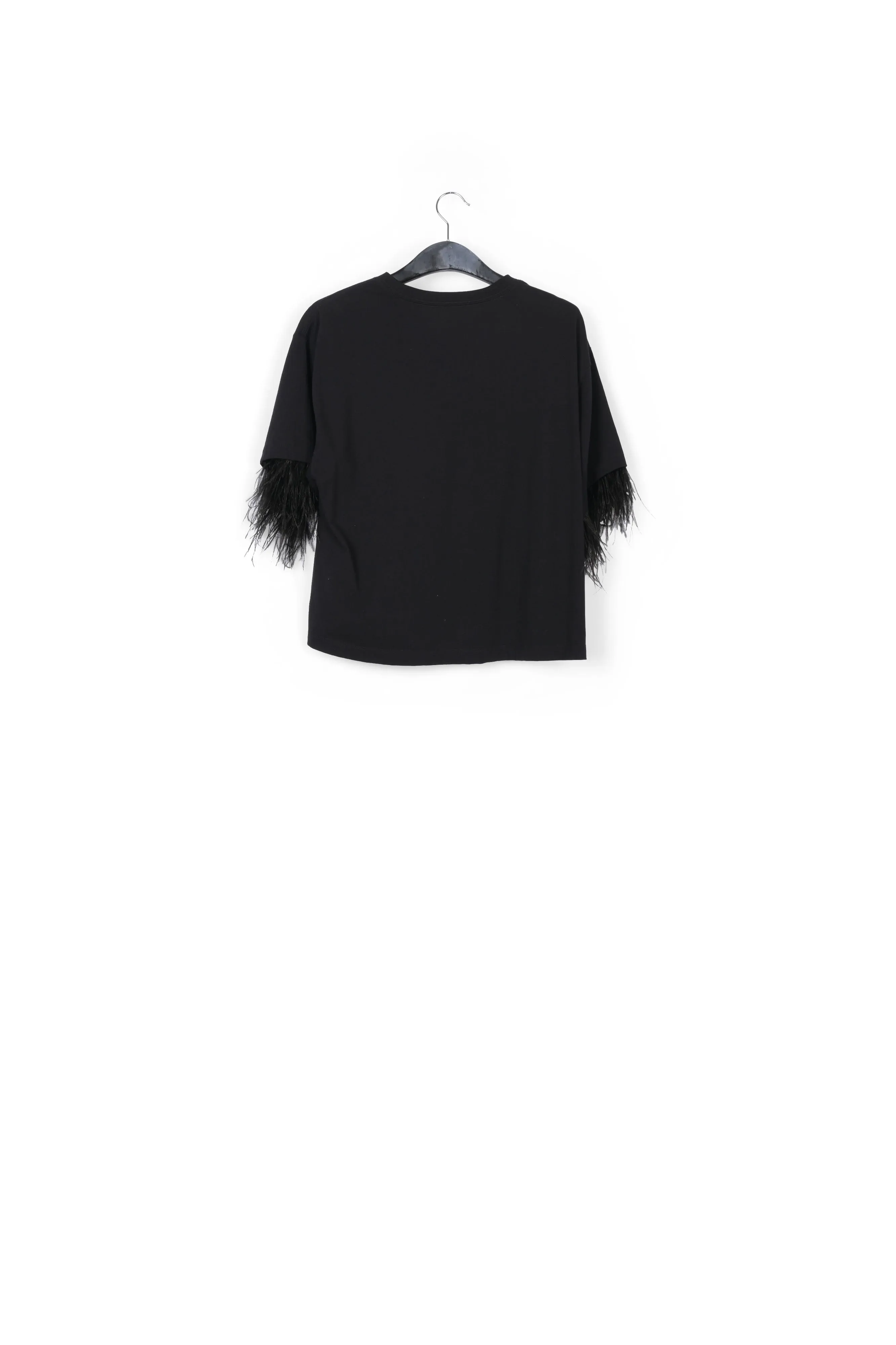 Black cotton-jersey t-shirt with feather trims