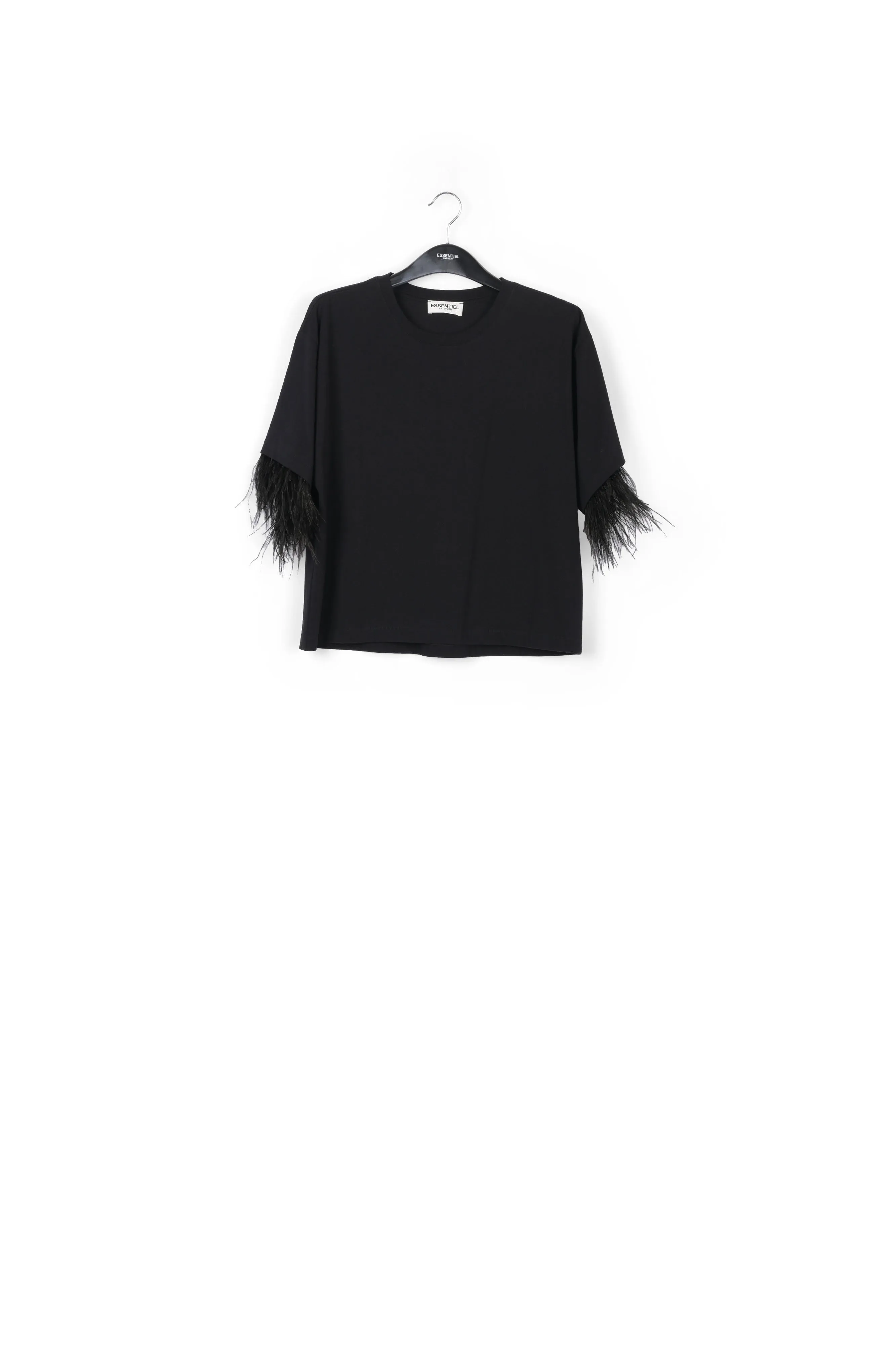 Black cotton-jersey t-shirt with feather trims