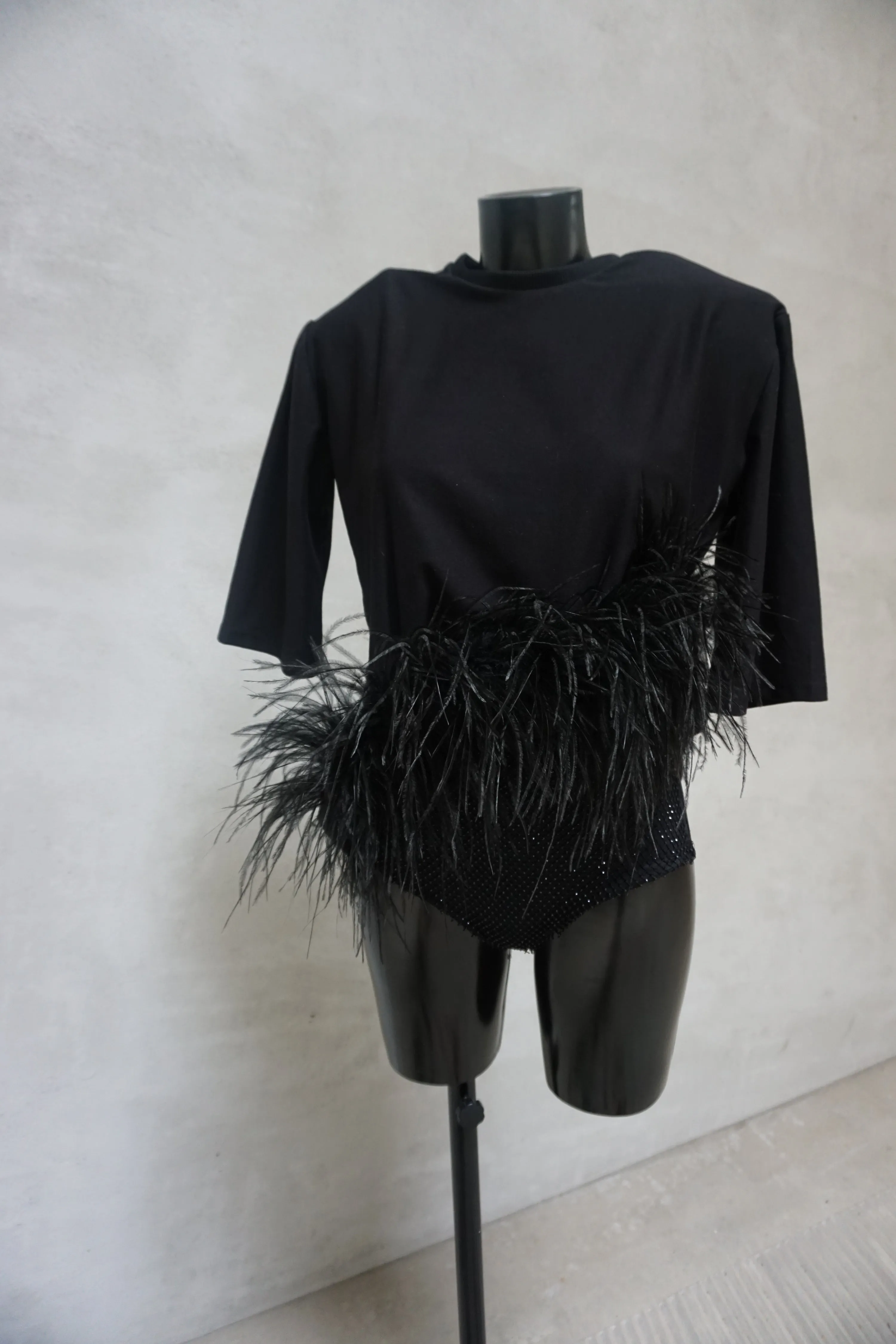 Black Oversized Feather T Shirt