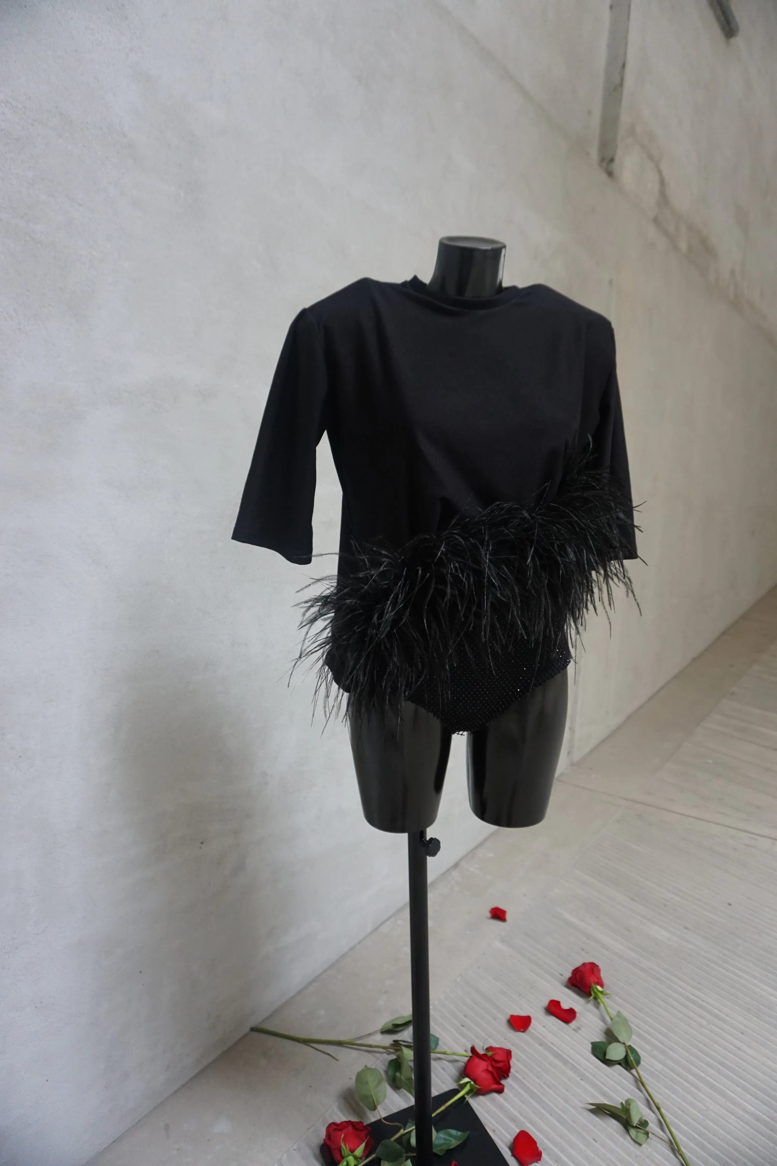 Black Oversized Feather T Shirt