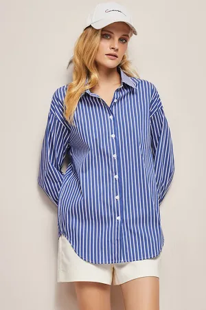 Blaues Oversized Damen Popeline Hemd