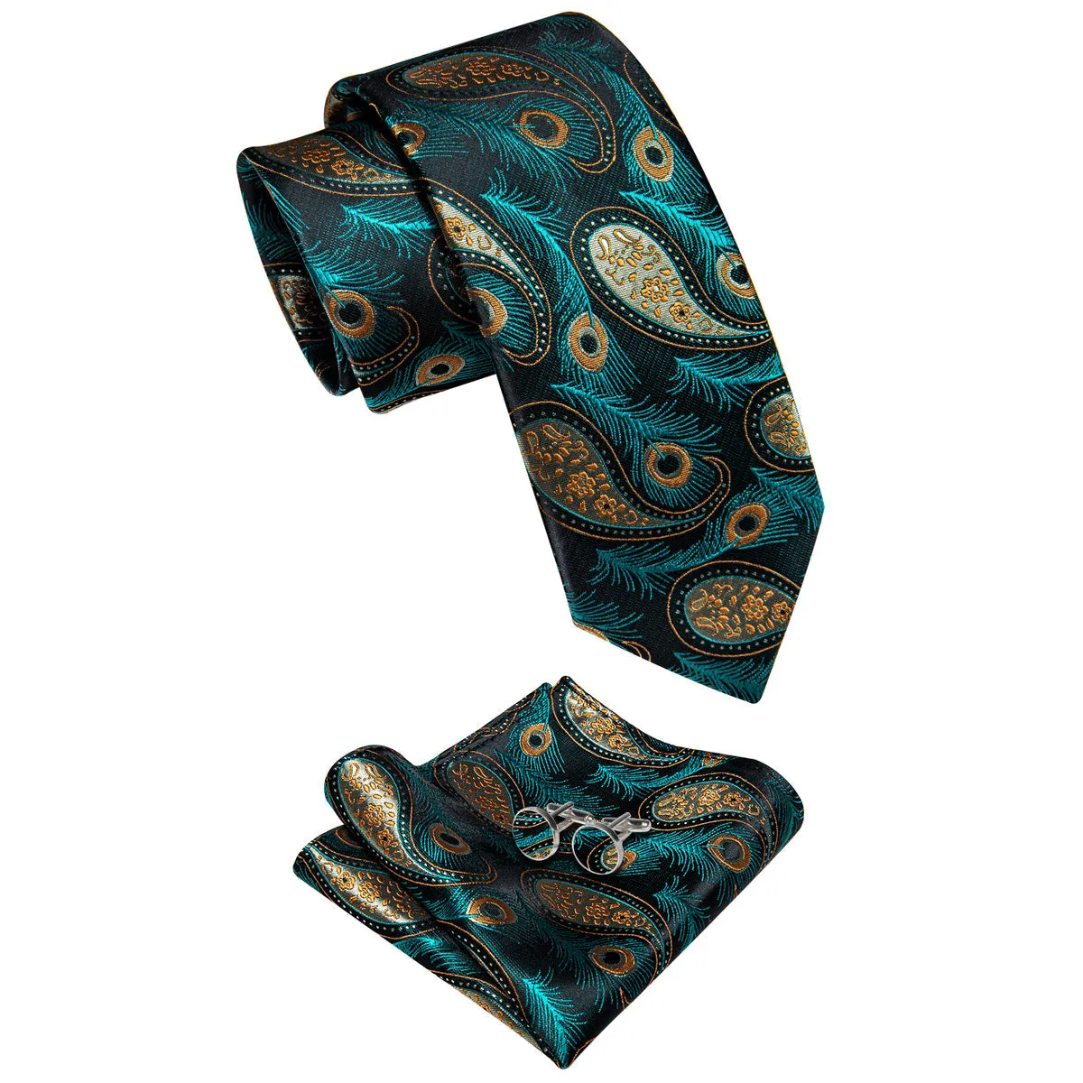 Blue, Green and Yellow Feather Silk Tie, Pocket Square and Cufflinks