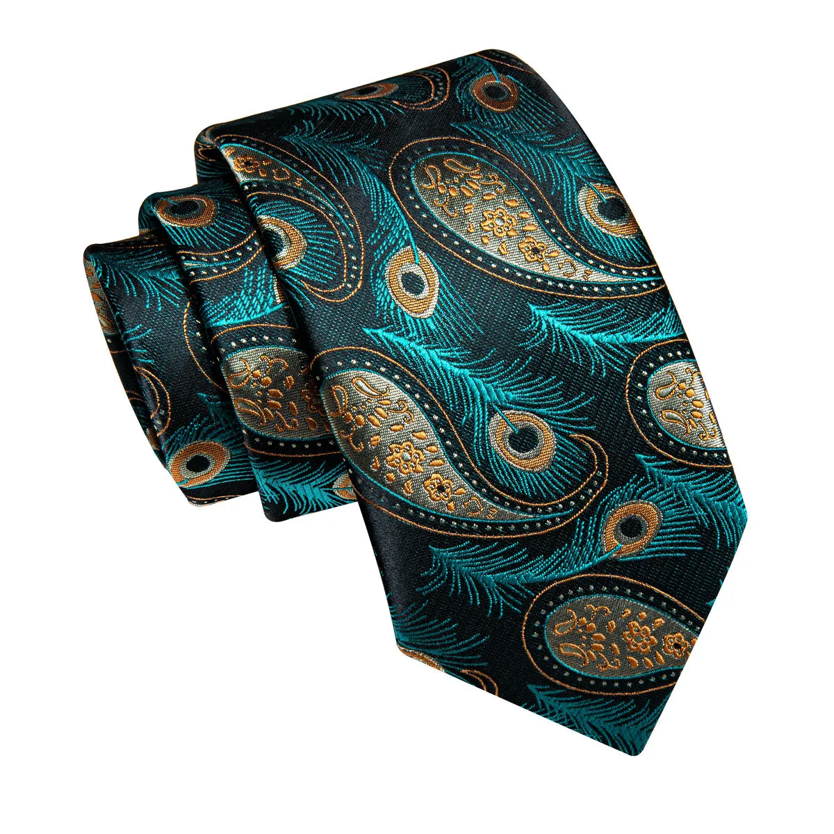 Blue, Green and Yellow Feather Silk Tie, Pocket Square and Cufflinks