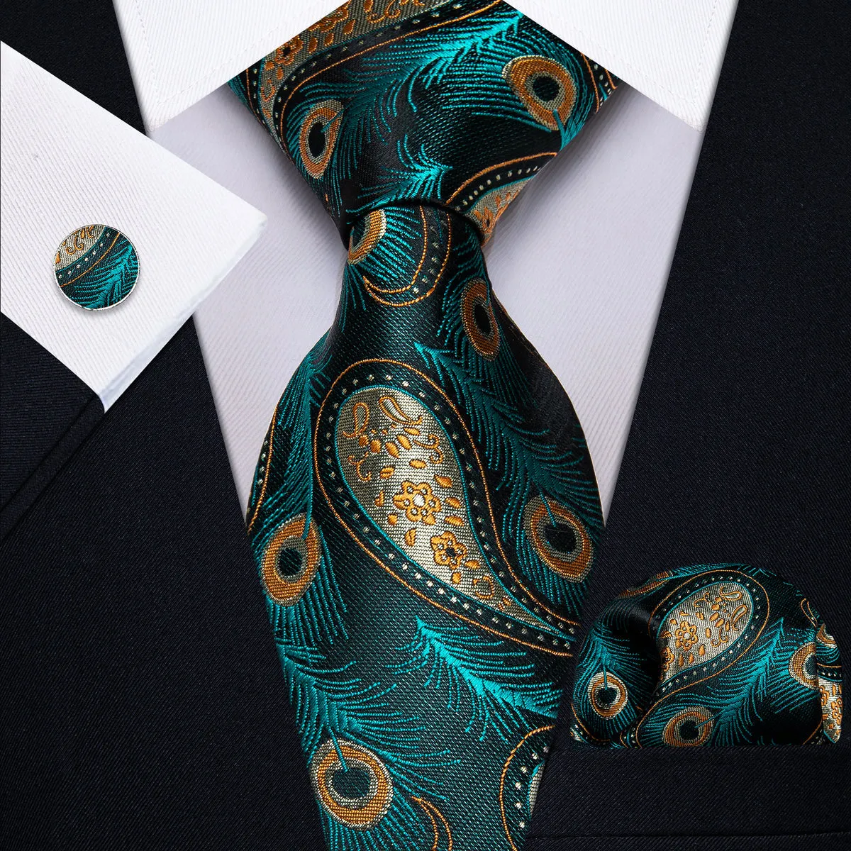 Blue, Green and Yellow Feather Silk Tie, Pocket Square and Cufflinks