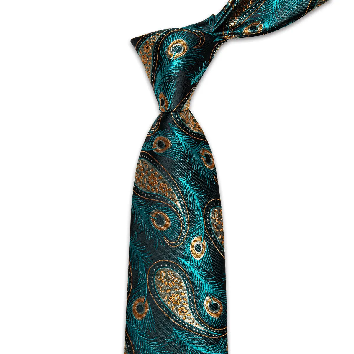 Blue, Green and Yellow Feather Silk Tie, Pocket Square and Cufflinks