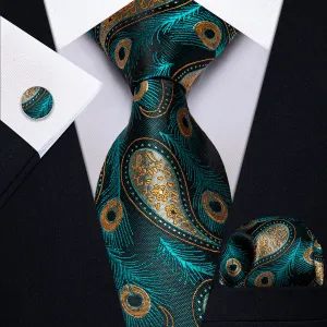 Blue, Green and Yellow Feather Silk Tie, Pocket Square and Cufflinks