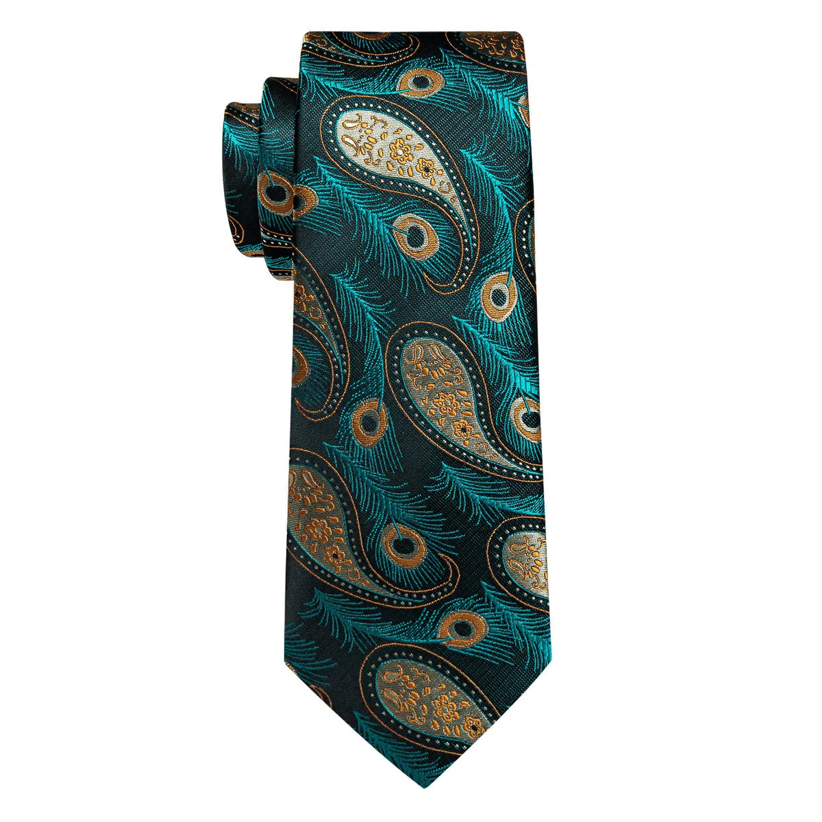 Blue, Green and Yellow Feather Silk Tie, Pocket Square and Cufflinks