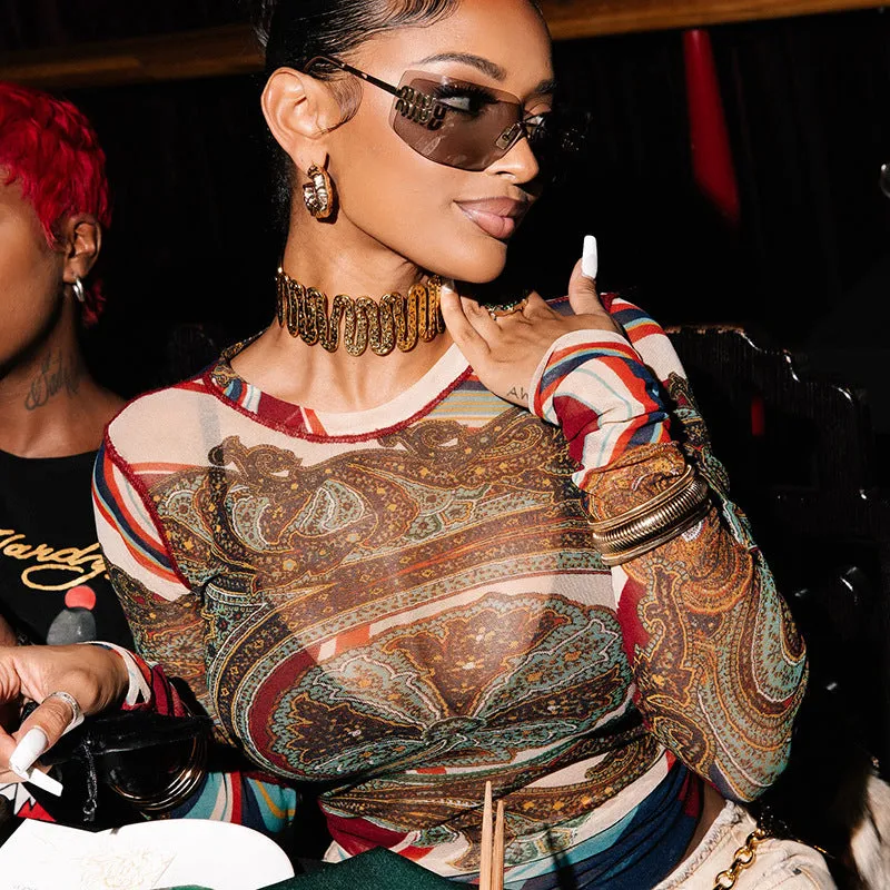 Bohemian Chic Mesh Printed Long-Sleeve Top for Trendy Layering