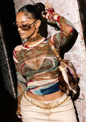Bohemian Chic Mesh Printed Long-Sleeve Top for Trendy Layering