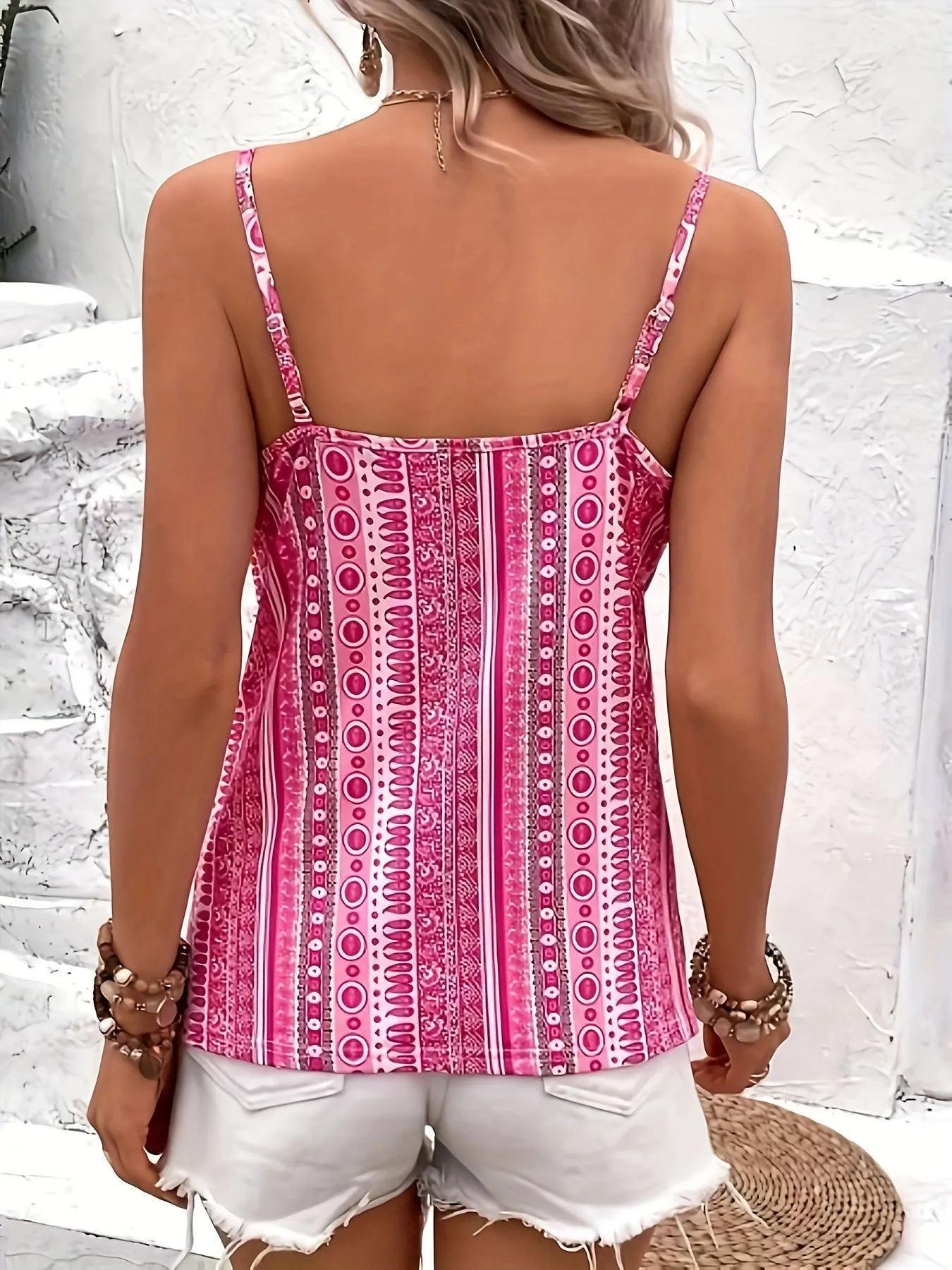 Bohemian Twist-Front V-Neck Spaghetti Strap Printed Top