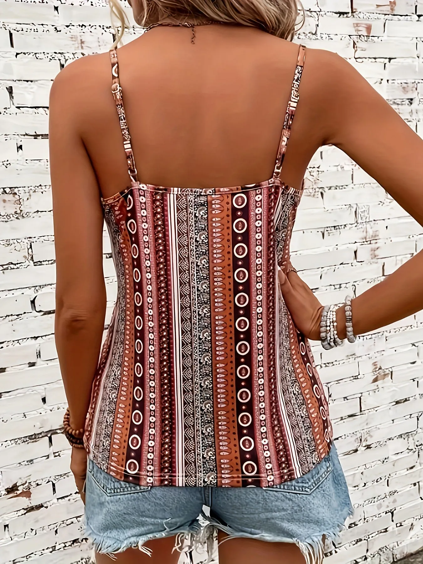 Bohemian Twist-Front V-Neck Spaghetti Strap Printed Top