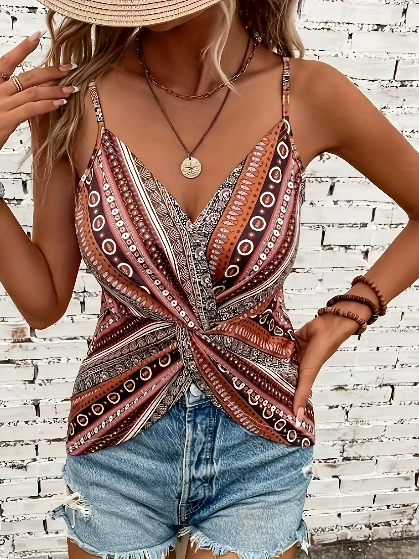 Bohemian Twist-Front V-Neck Spaghetti Strap Printed Top