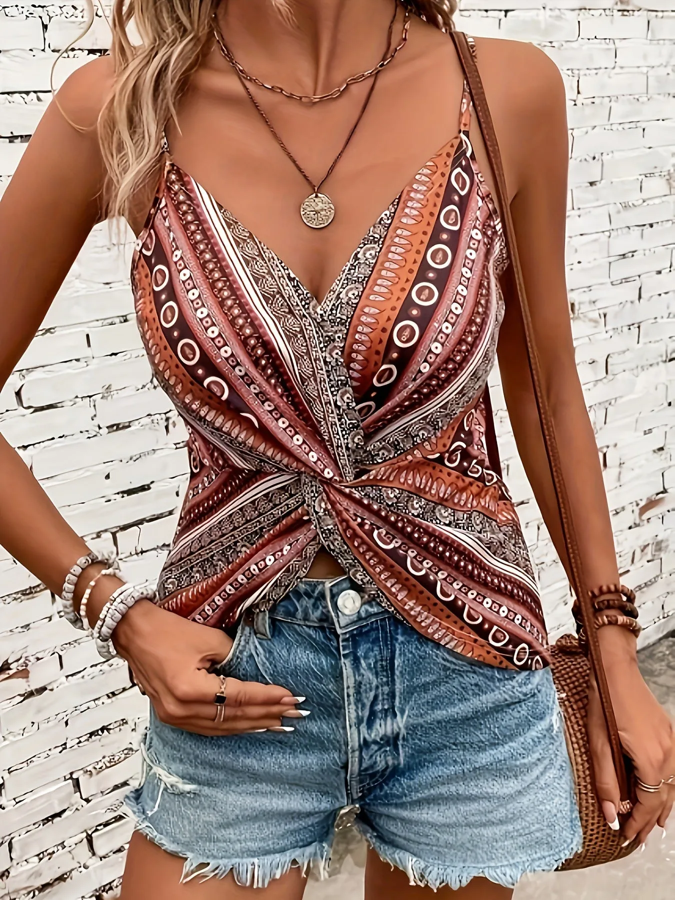 Bohemian Twist-Front V-Neck Spaghetti Strap Printed Top