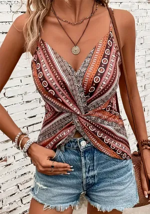 Bohemian Twist-Front V-Neck Spaghetti Strap Printed Top