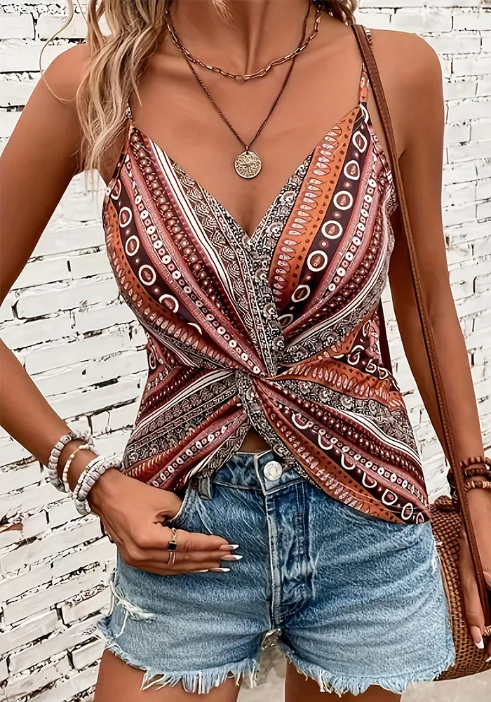 Bohemian Twist-Front V-Neck Spaghetti Strap Printed Top