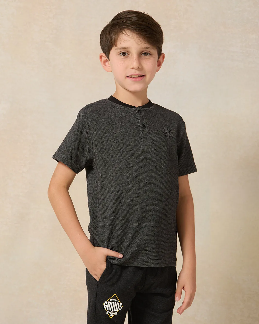 Boys Black Waffle Short Sleeve Henley