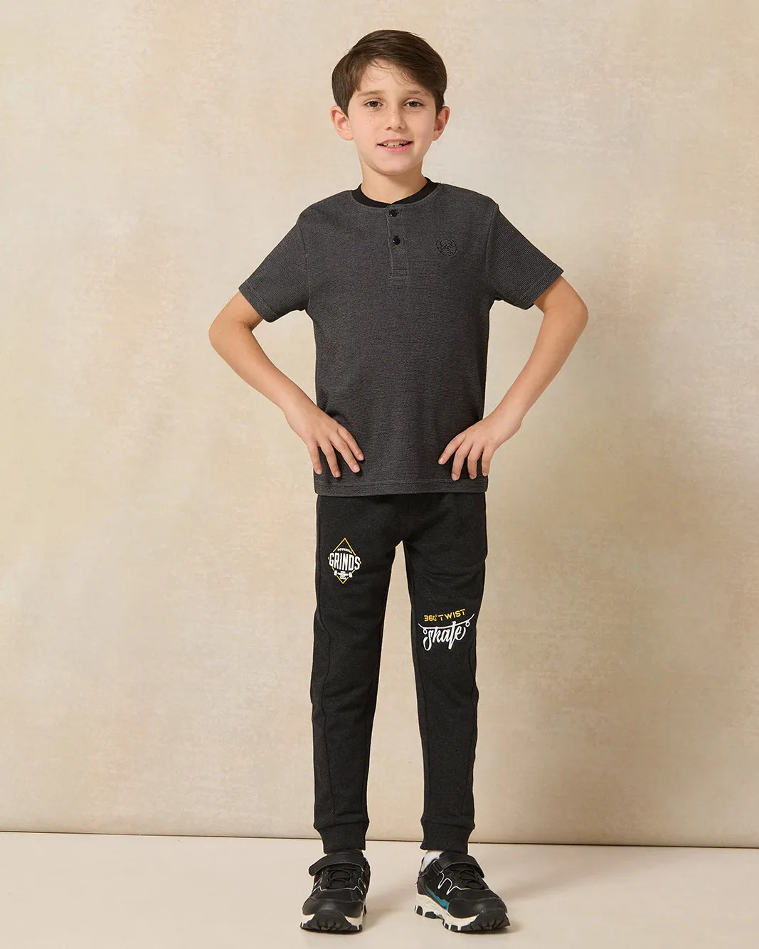 Boys Black Waffle Short Sleeve Henley
