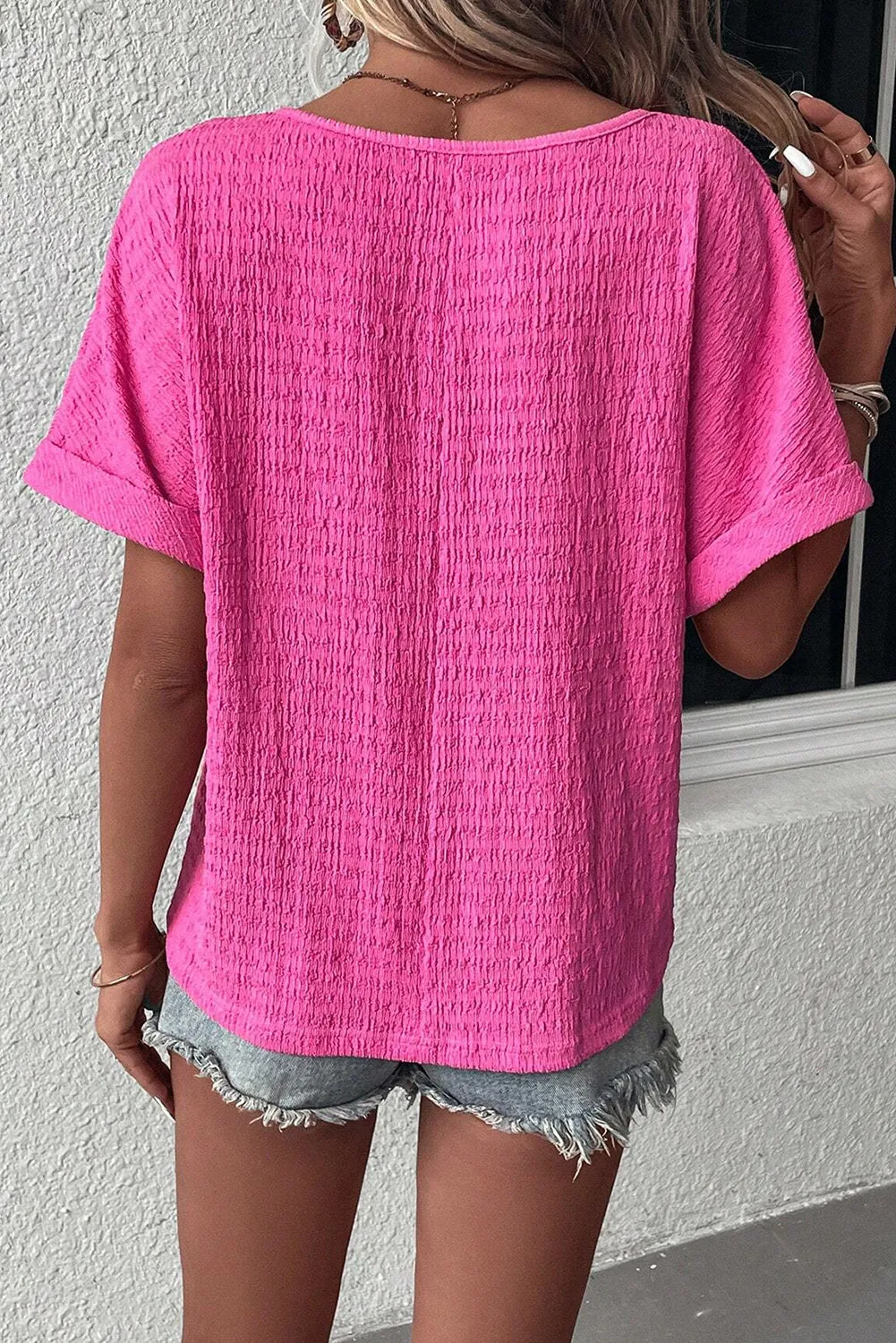 Bright Pink Plus Size Textured Folded Sleeve V Neck T Shirt