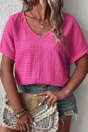 Bright Pink Plus Size Textured Folded Sleeve V Neck T Shirt