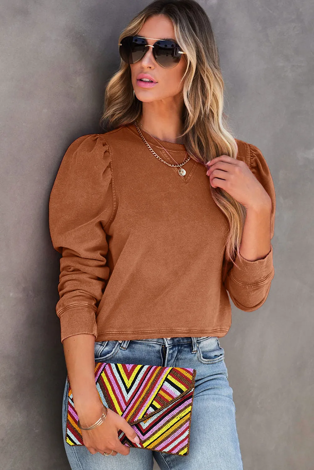 Brown Vintage Washed Puff Sleeve Sweatshirt