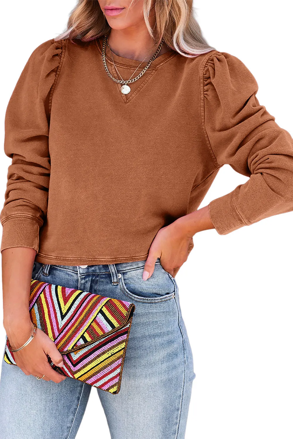 Brown Vintage Washed Puff Sleeve Sweatshirt