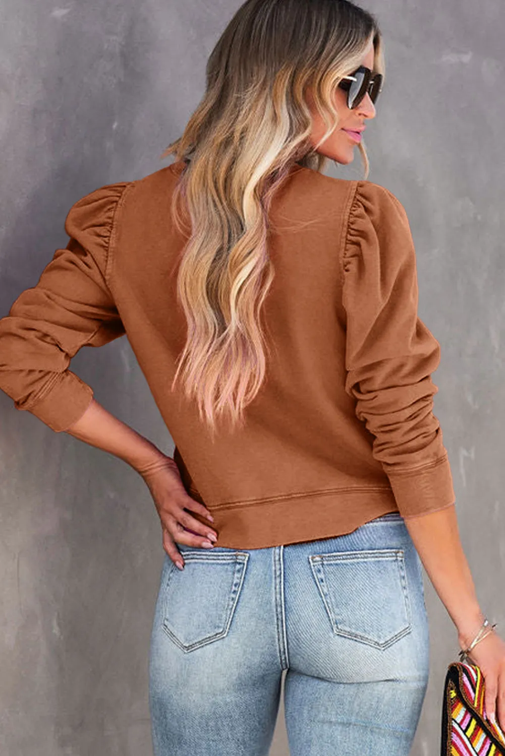 Brown Vintage Washed Puff Sleeve Sweatshirt