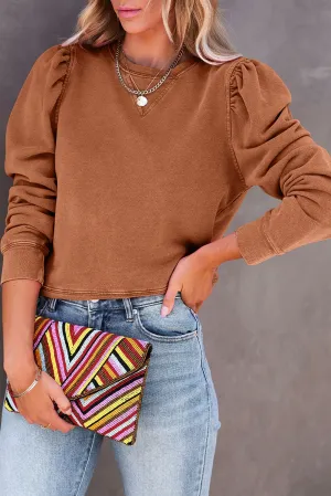 Brown Vintage Washed Puff Sleeve Sweatshirt