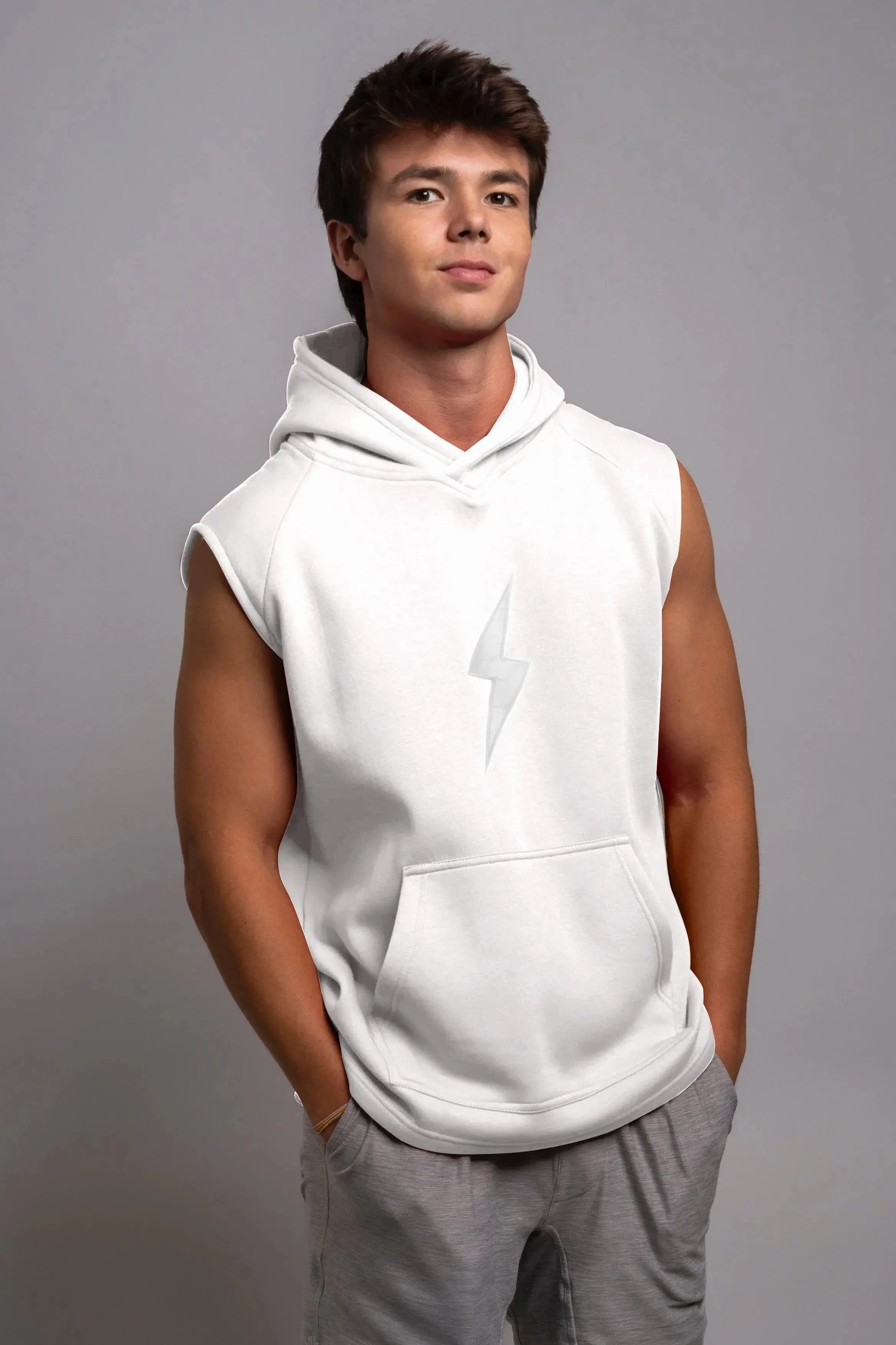 BRUCE BOLT "BOLT" Sleeveless Hoodie - WHITE w/ White Bolt