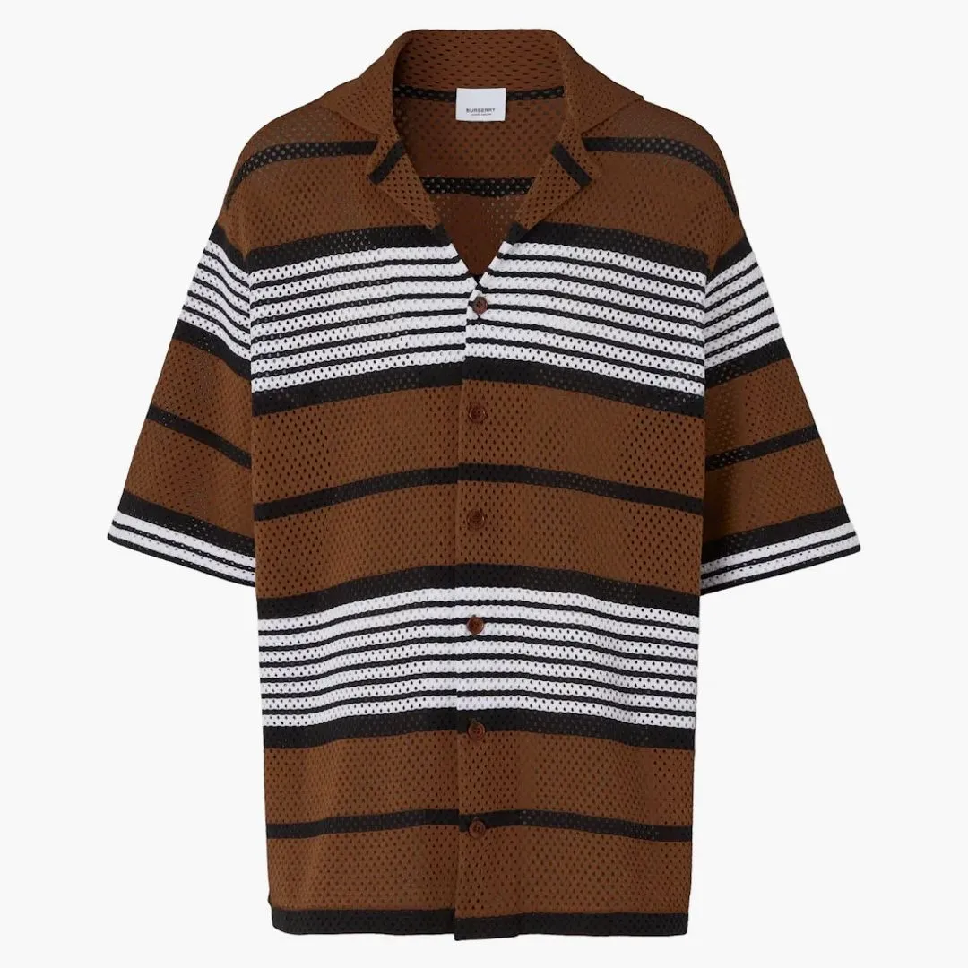 Burberry Short-sleeve Stripe Print Nylon Oversized Shirt Dark Birch Brown