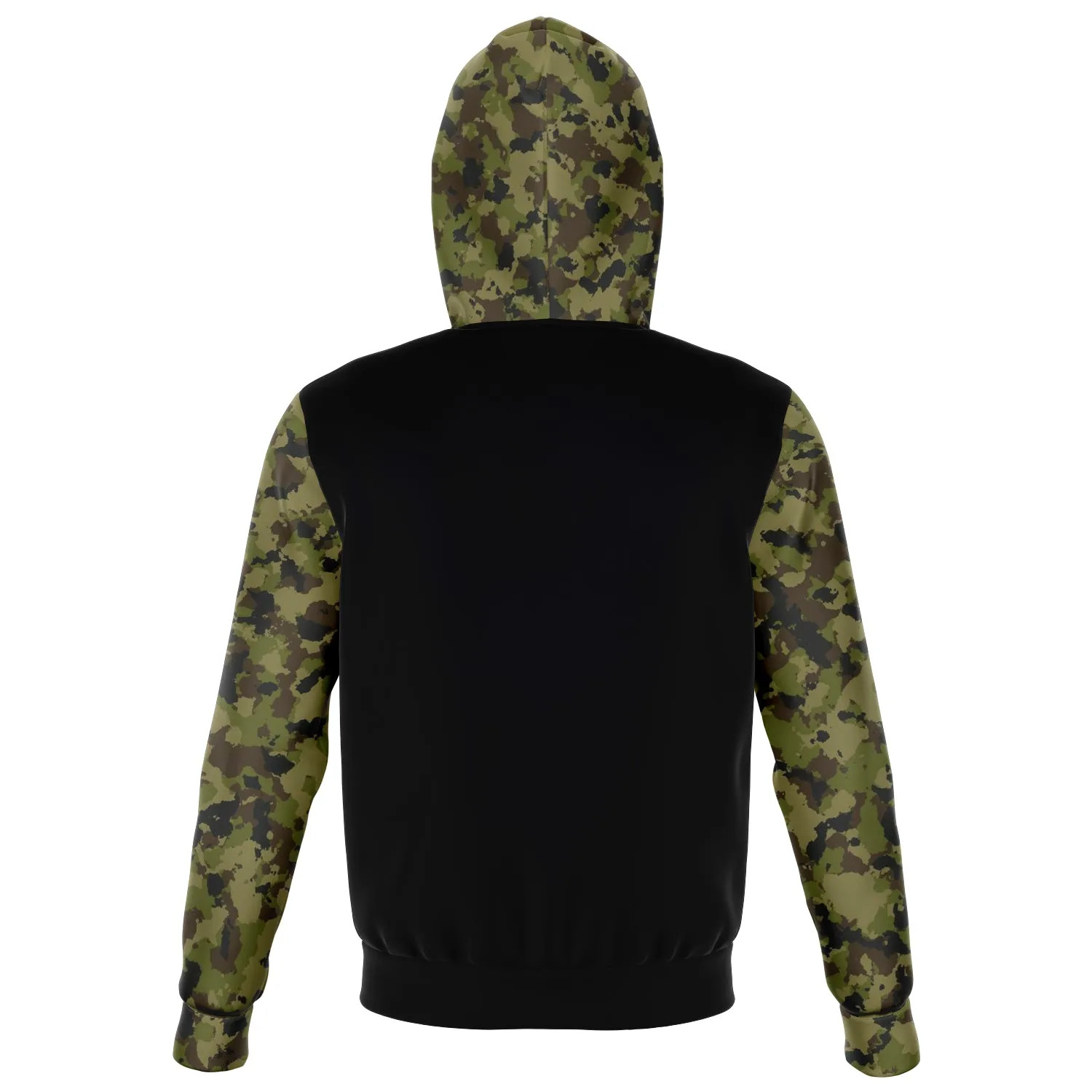 Camo and Black Contrast Hoodie With Green, Brown and Gray Camouflage Sleeves and Hood