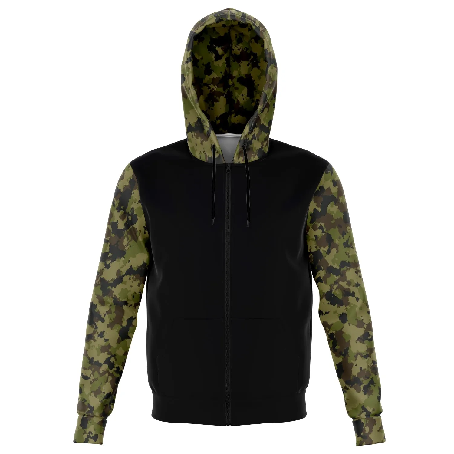 Camo and Black Contrast Hoodie With Green, Brown and Gray Camouflage Sleeves and Hood