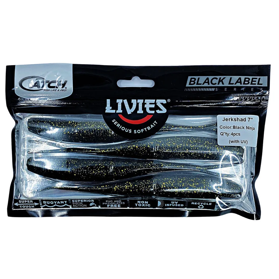 Catch Black Label Livies Softbait 5 or 7" Jerkshad - Black Ninja