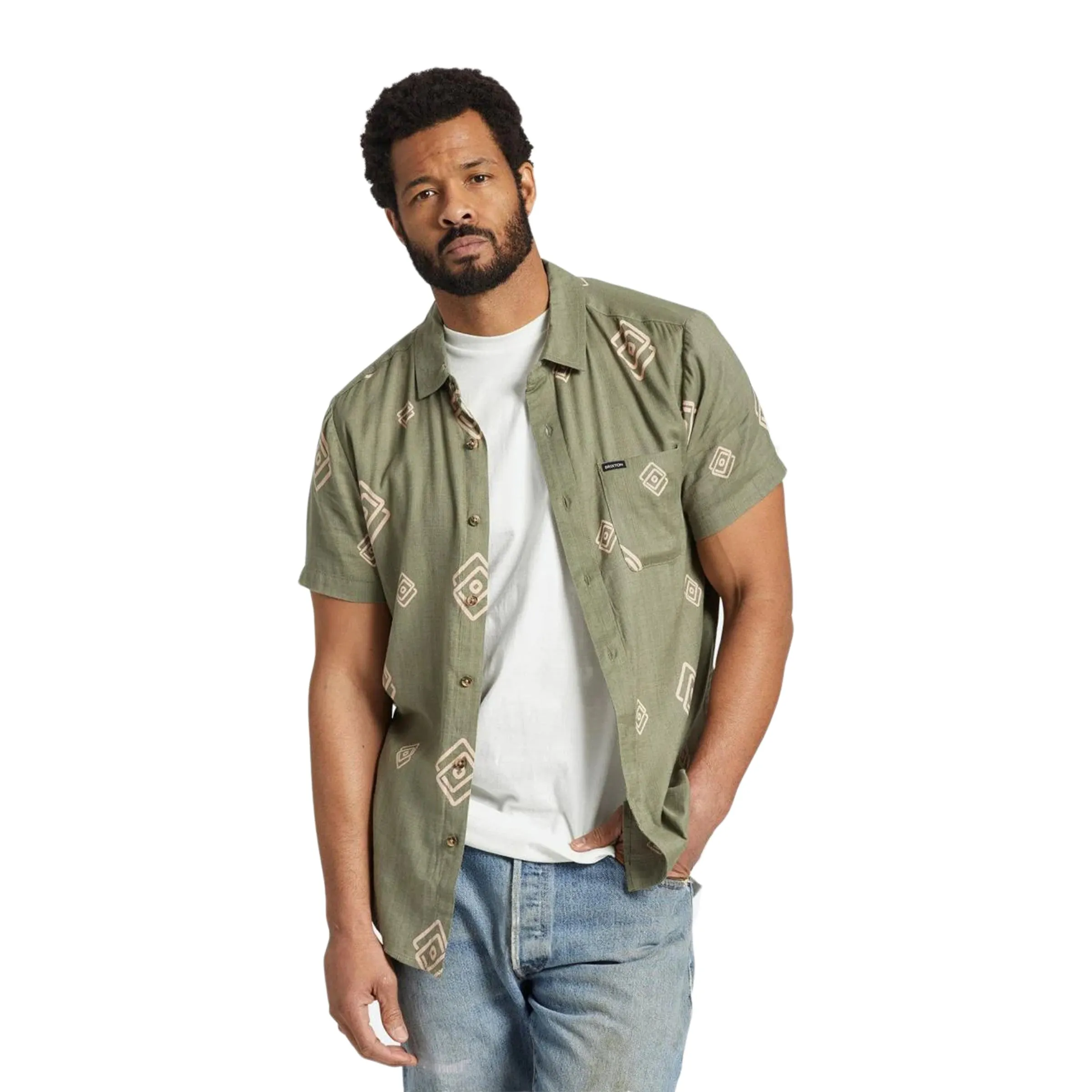 Charter Slub S/S Woven Shirt - Olive Surplus/Coral Pink
