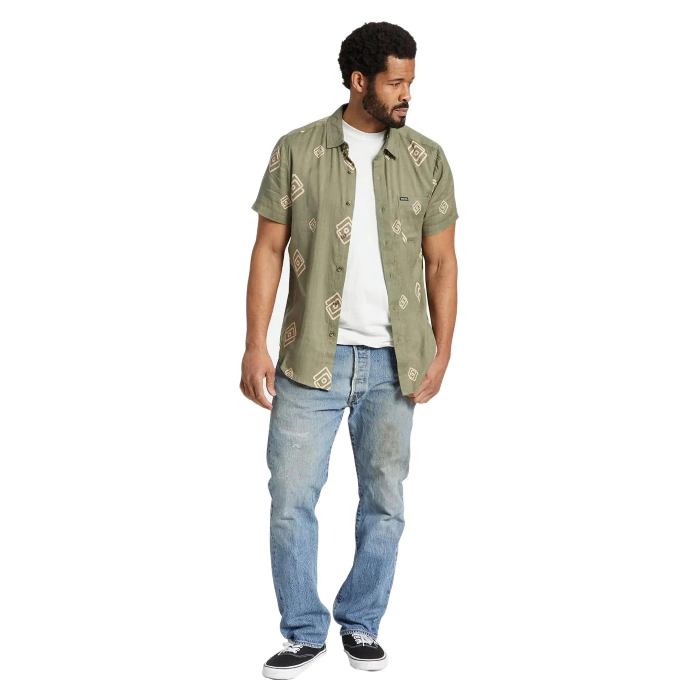 Charter Slub S/S Woven Shirt - Olive Surplus/Coral Pink