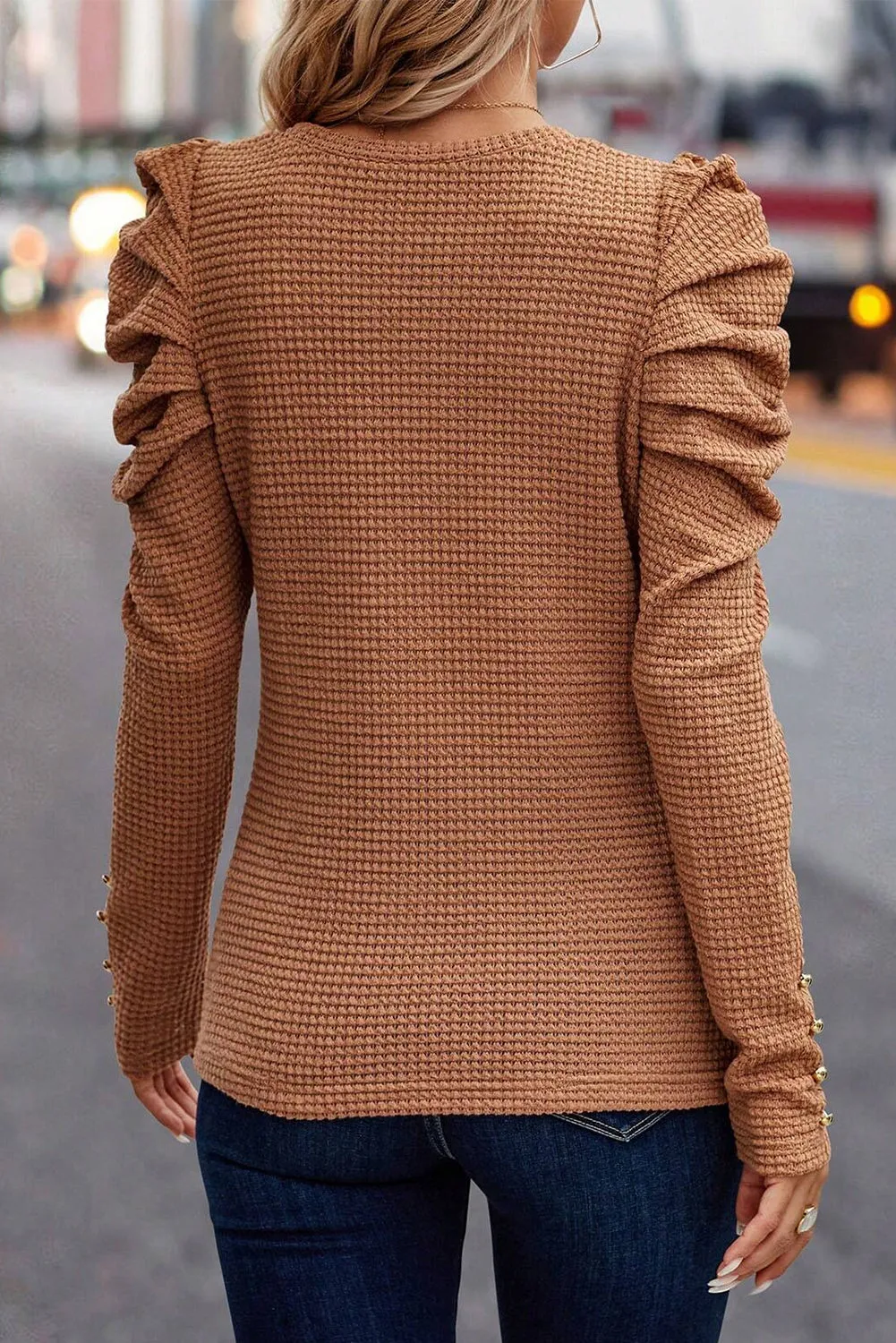 Chestnut Solid Color Textured Buttoned Gigot Sleeve Top