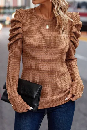 Chestnut Solid Color Textured Buttoned Gigot Sleeve Top