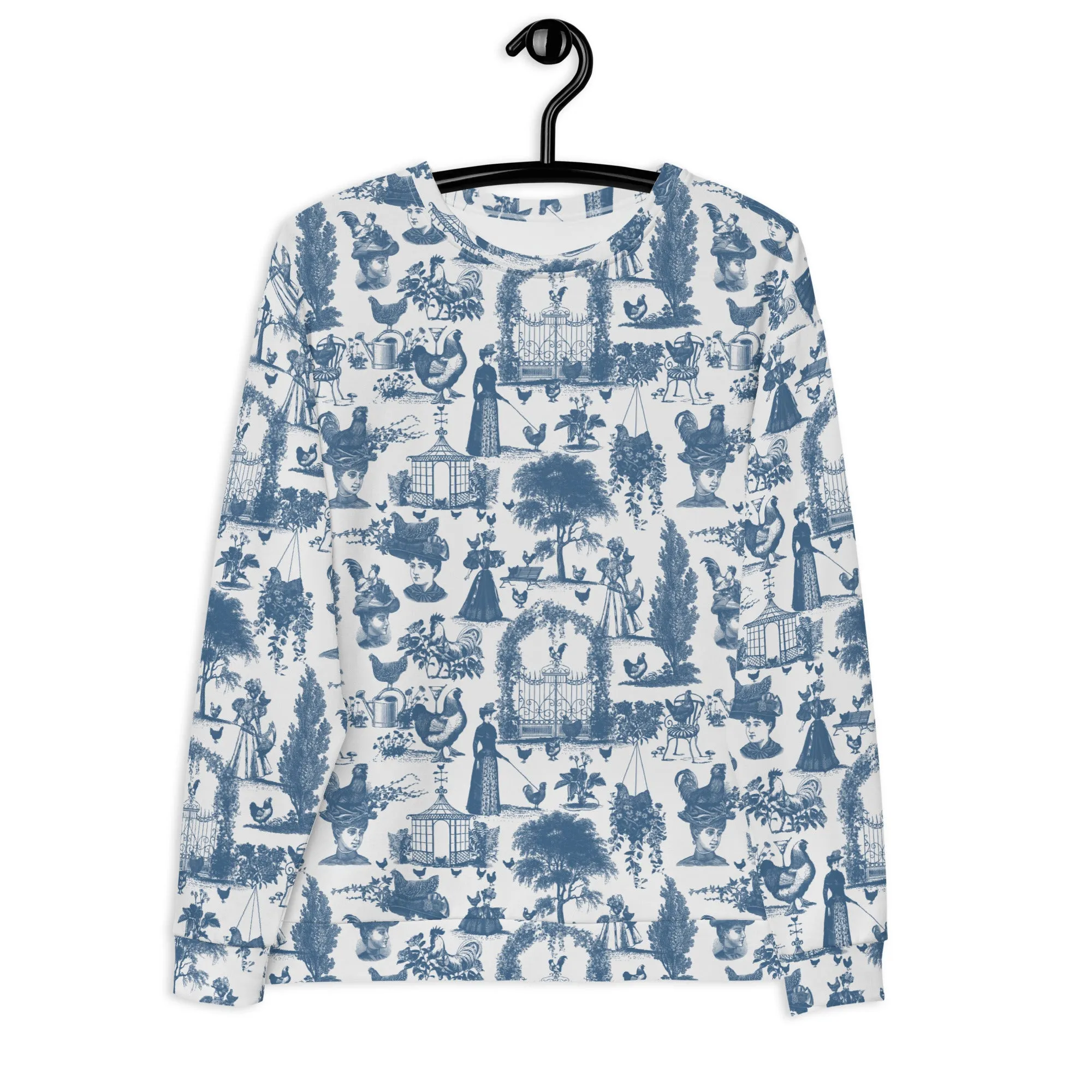 Chicken Lady Toile Crewneck, cornflower