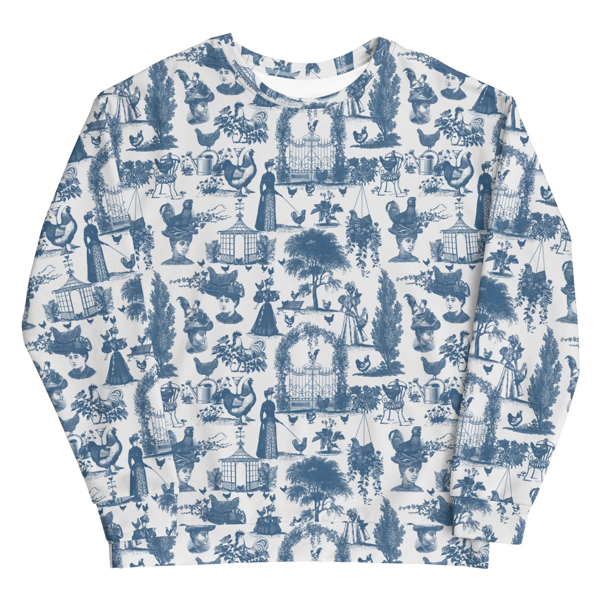 Chicken Lady Toile Crewneck, cornflower