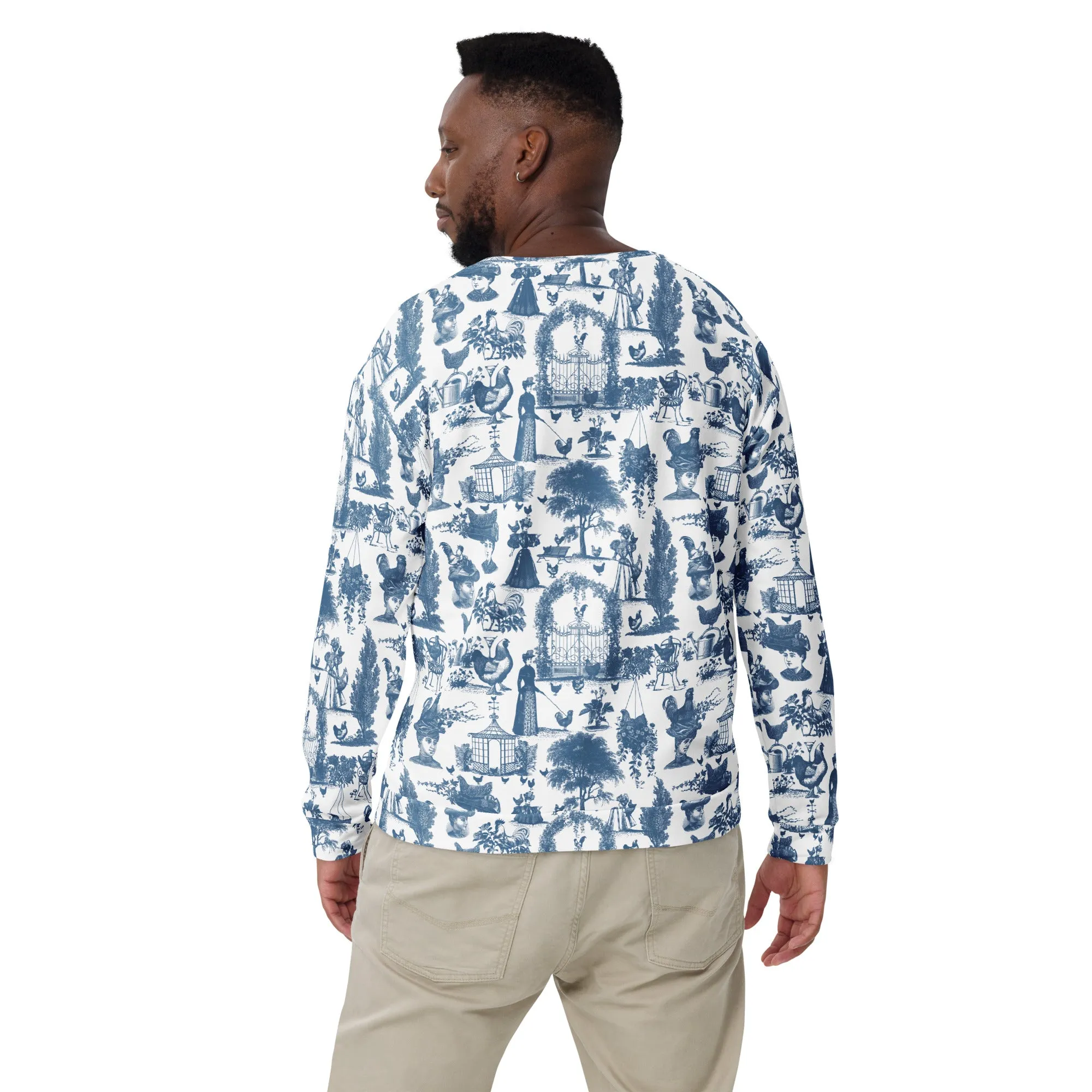 Chicken Lady Toile Crewneck, cornflower
