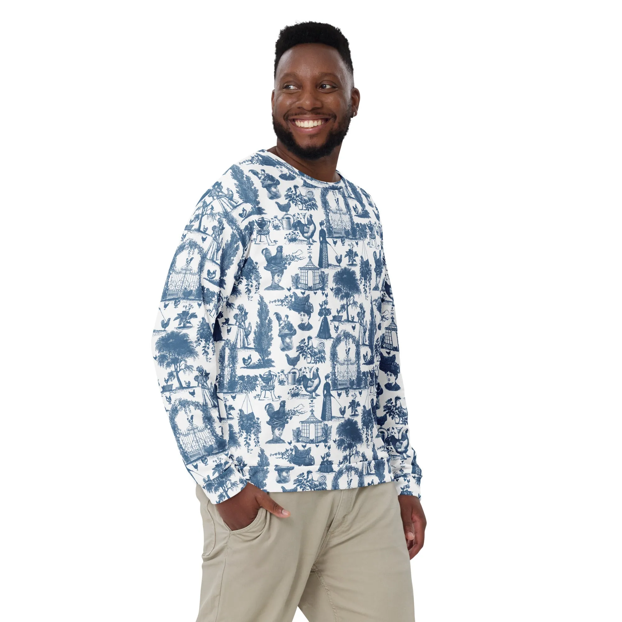 Chicken Lady Toile Crewneck, cornflower